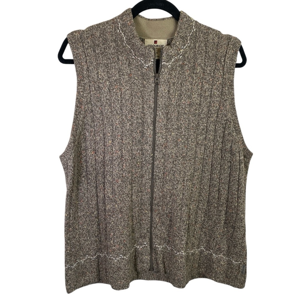Woolrich Women’s Grey Tan Heathered Knit Full Zip Wool Blend Sweater Vest Sz XL